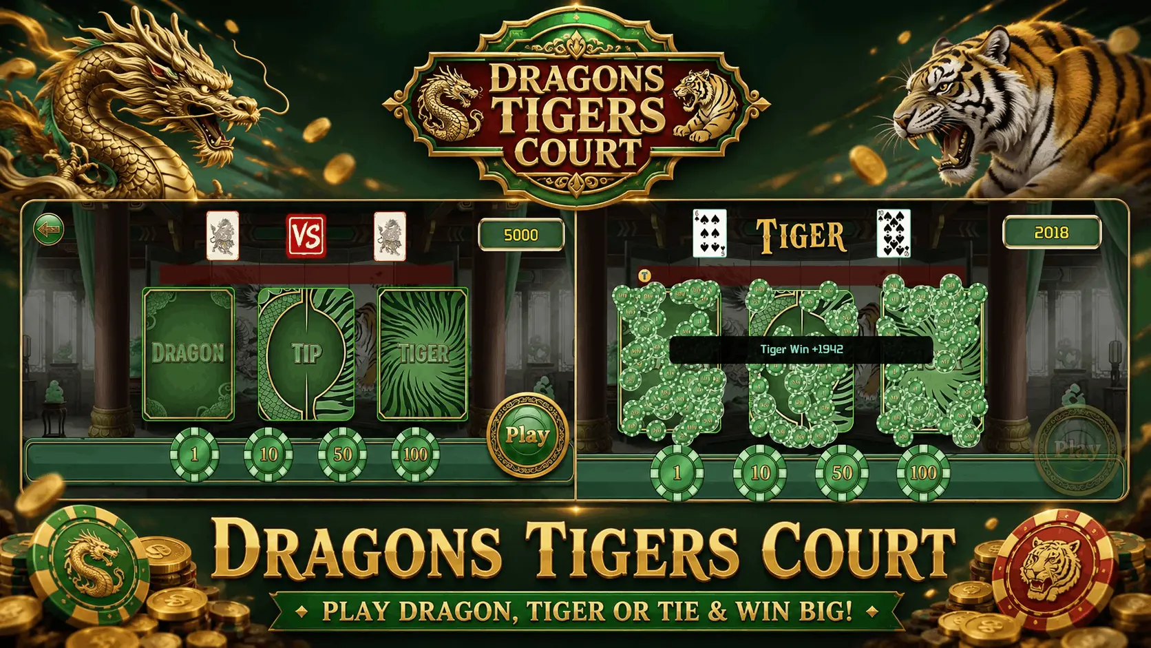 Dragons Tigers Court promotional banner featuring Dragon vs Tiger gameplay screens, premium casino interface, and betting results