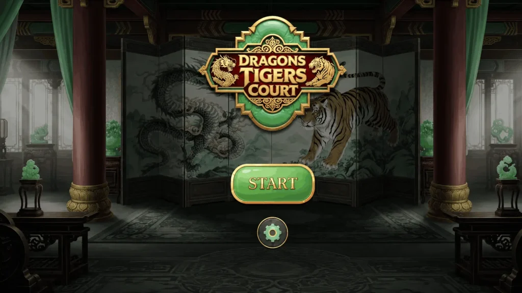 Dragons Tigers Court start screen featuring the official game logo, dragon and tiger artwork, and green Start button in a premium casino-themed interface