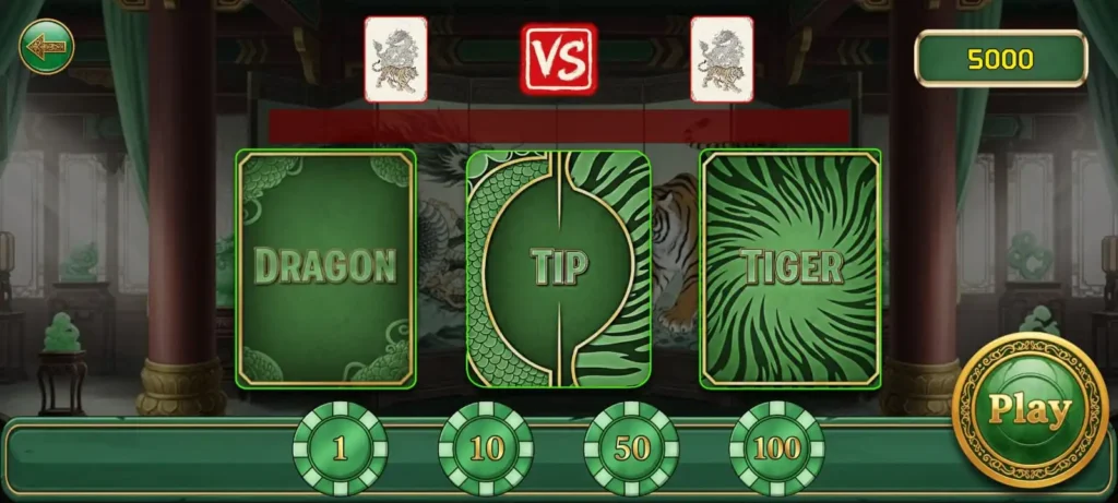 Dragons Tigers Court game interface showing Dragon, Tiger, and Tie betting cards with casino-style green theme and play button