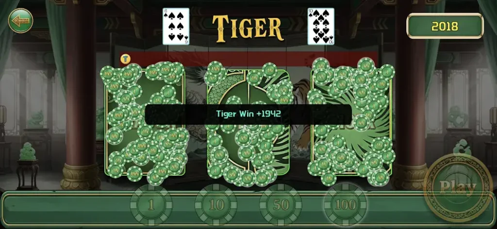 Dragons Tigers Court gameplay showing Tiger winning result with betting chips, playing cards, and casino game interface